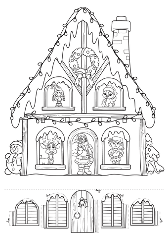 Create Christmas House With Surprise Characters Coloring Page